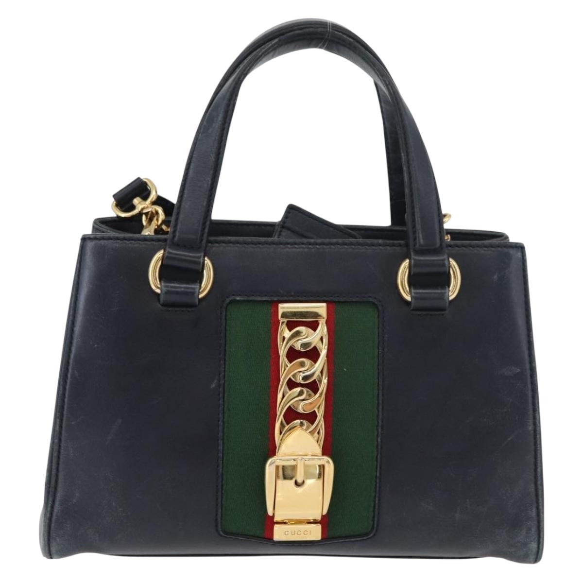 GUCCI Silvi Hand Bag Leather 2way Navy Gold 460381 Auth YKZ1323A