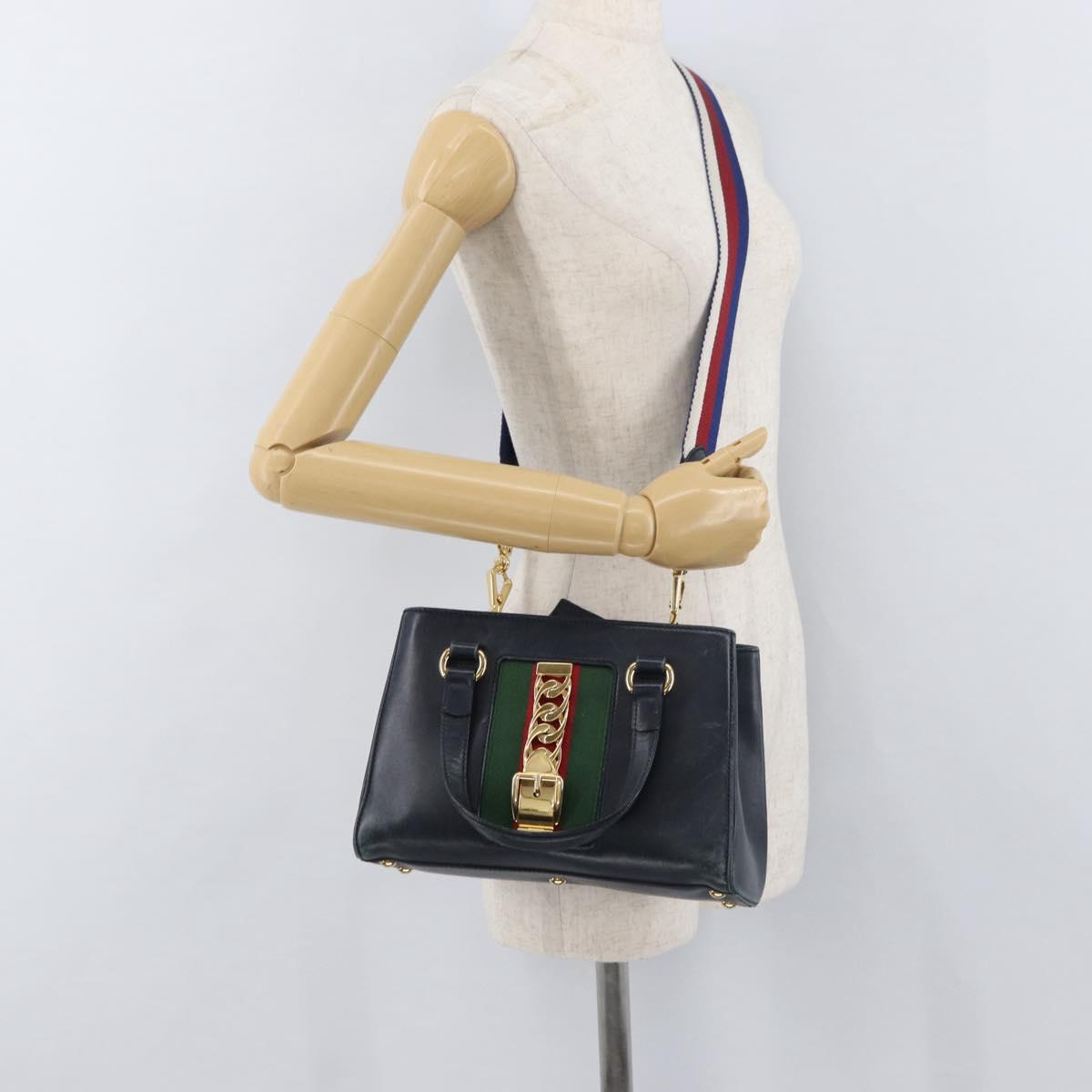 GUCCI Silvi Hand Bag Leather 2way Navy Gold 460381 Auth YKZ1323A