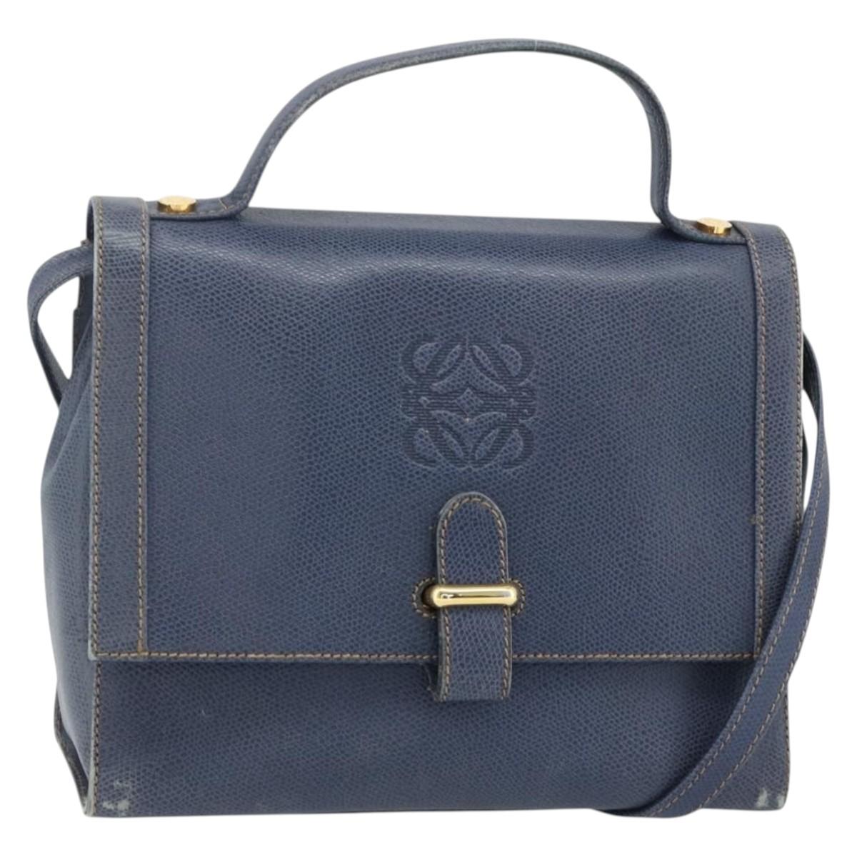 LOEWE Hand Bag Leather 2way Navy Gold Auth YKZ1337A