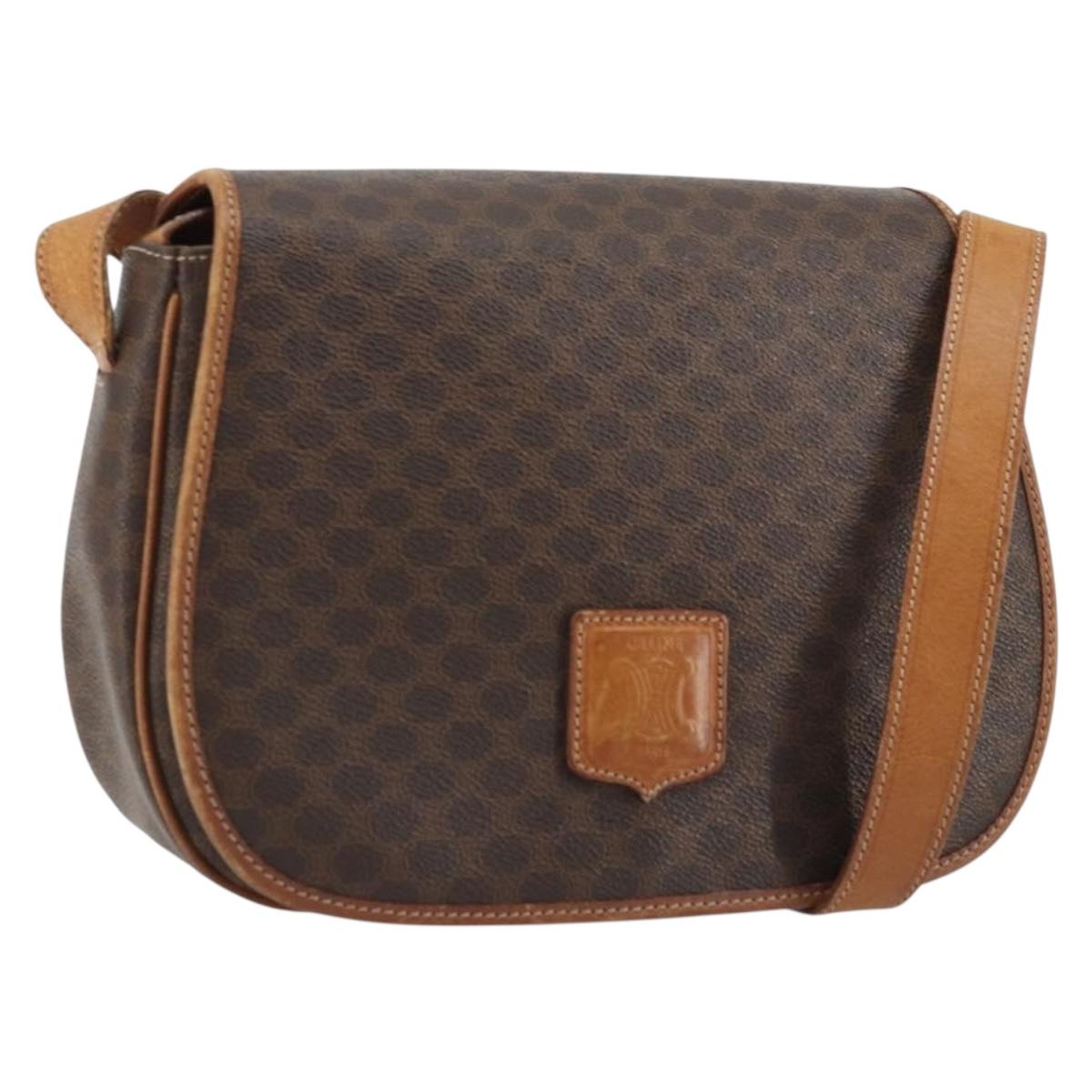 CELINE Macadam Canvas Shoulder Bag PVC Leather Brown Gold Auth YKZ1348