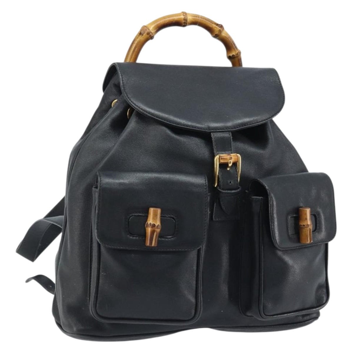 GUCCI Bamboo Backpack Leather Black Gold Auth YKZ134A