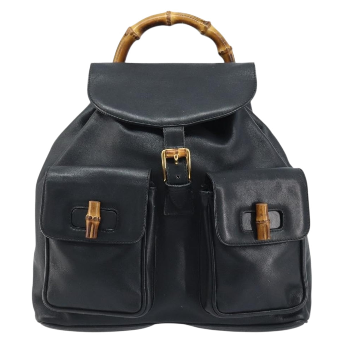 GUCCI Bamboo Backpack Leather Black Gold Auth YKZ134A