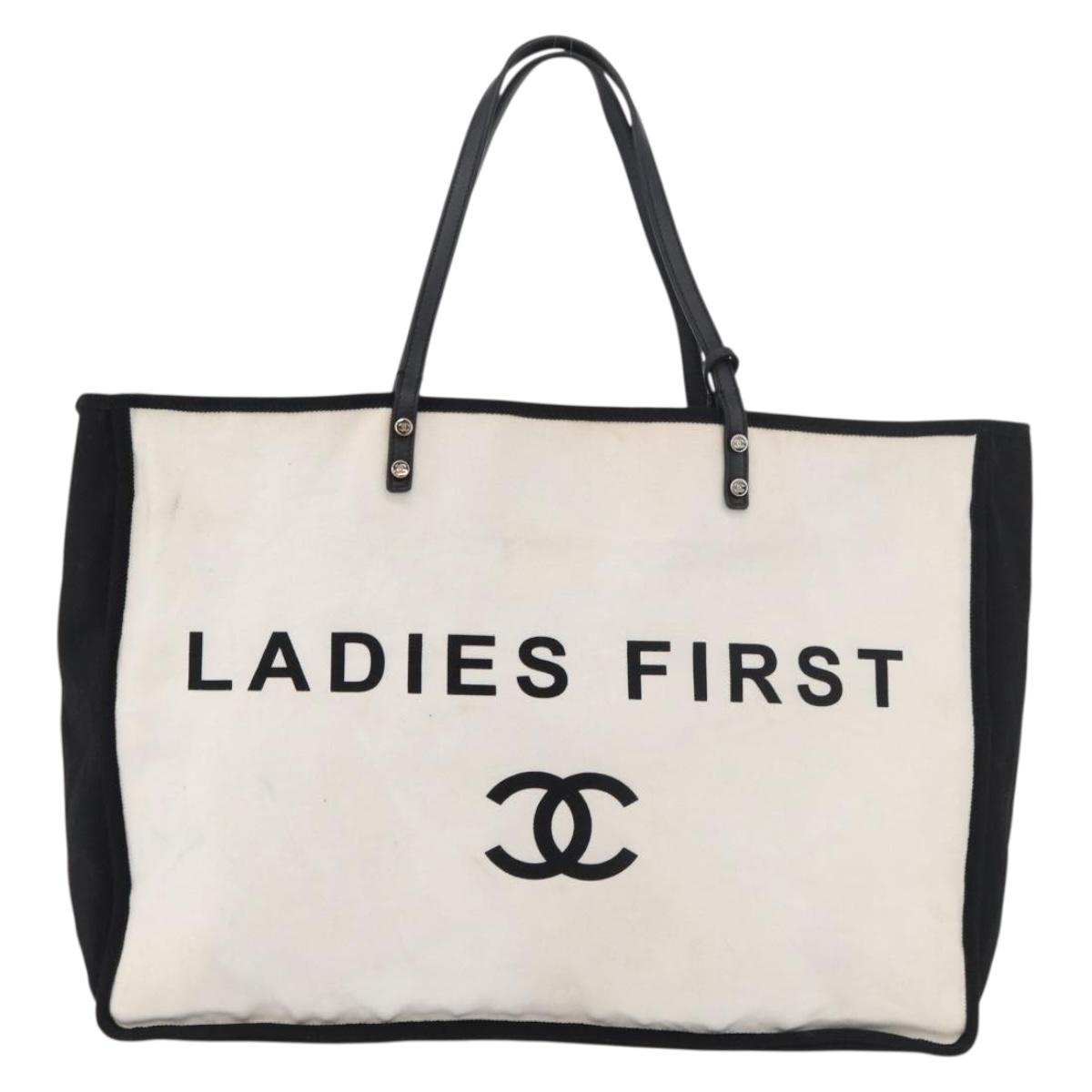 CHANEL Ladies First Tote Bag Canvas White Silver CC Auth YKZ1356A