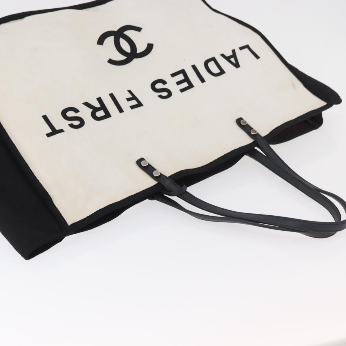 CHANEL Ladies First Tote Bag Canvas White Silver CC Auth YKZ1356A
