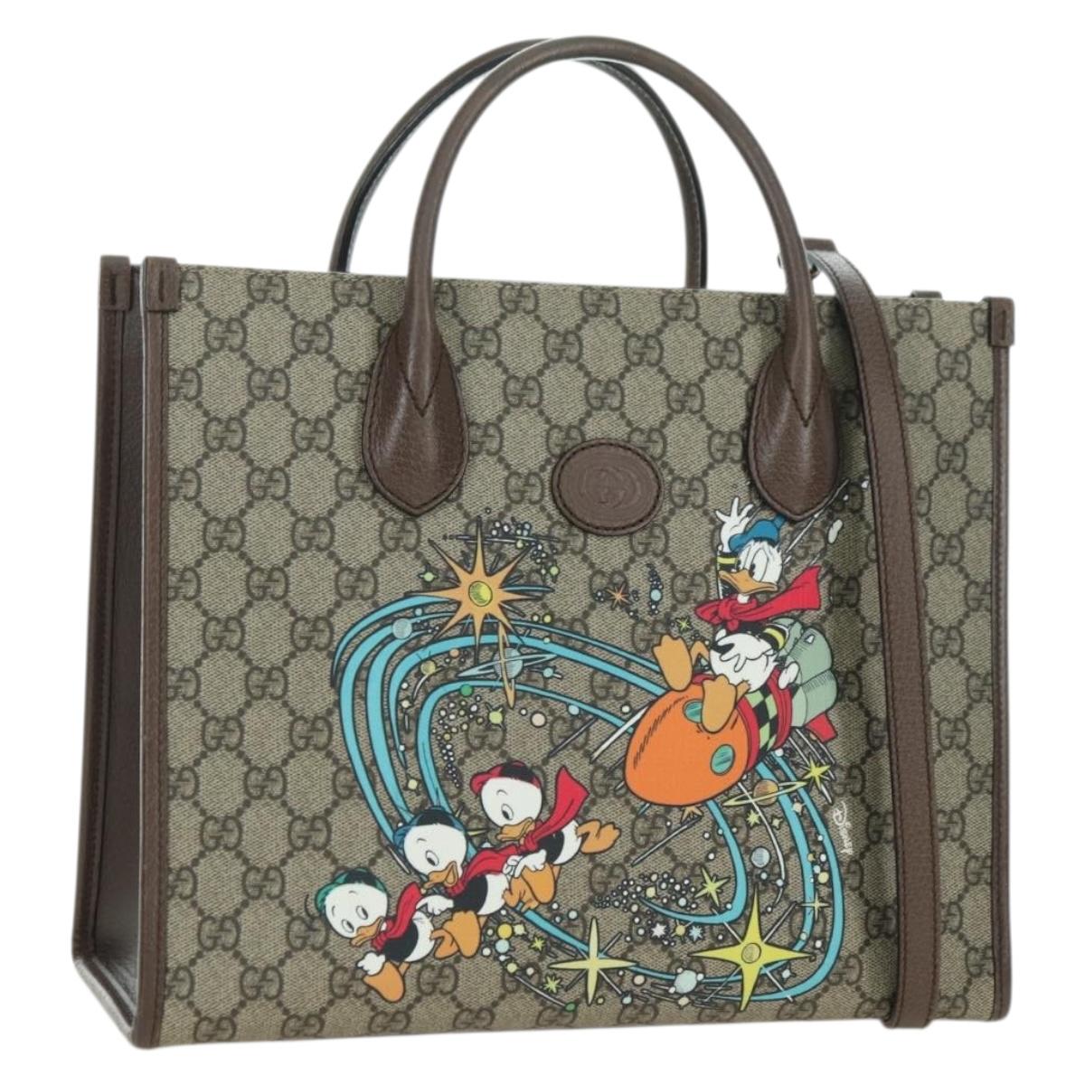GUCCI GG Supreme Donald Duck Hand Bag PVC 2way Beige Gold 648134 Auth YKZ1358M