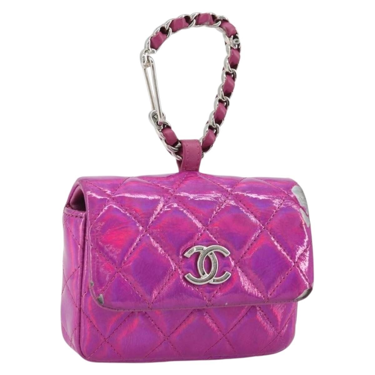 CHANEL Matelasse Carabiner Pouch Patent leather Pink Silver CC Auth YKZ1380A