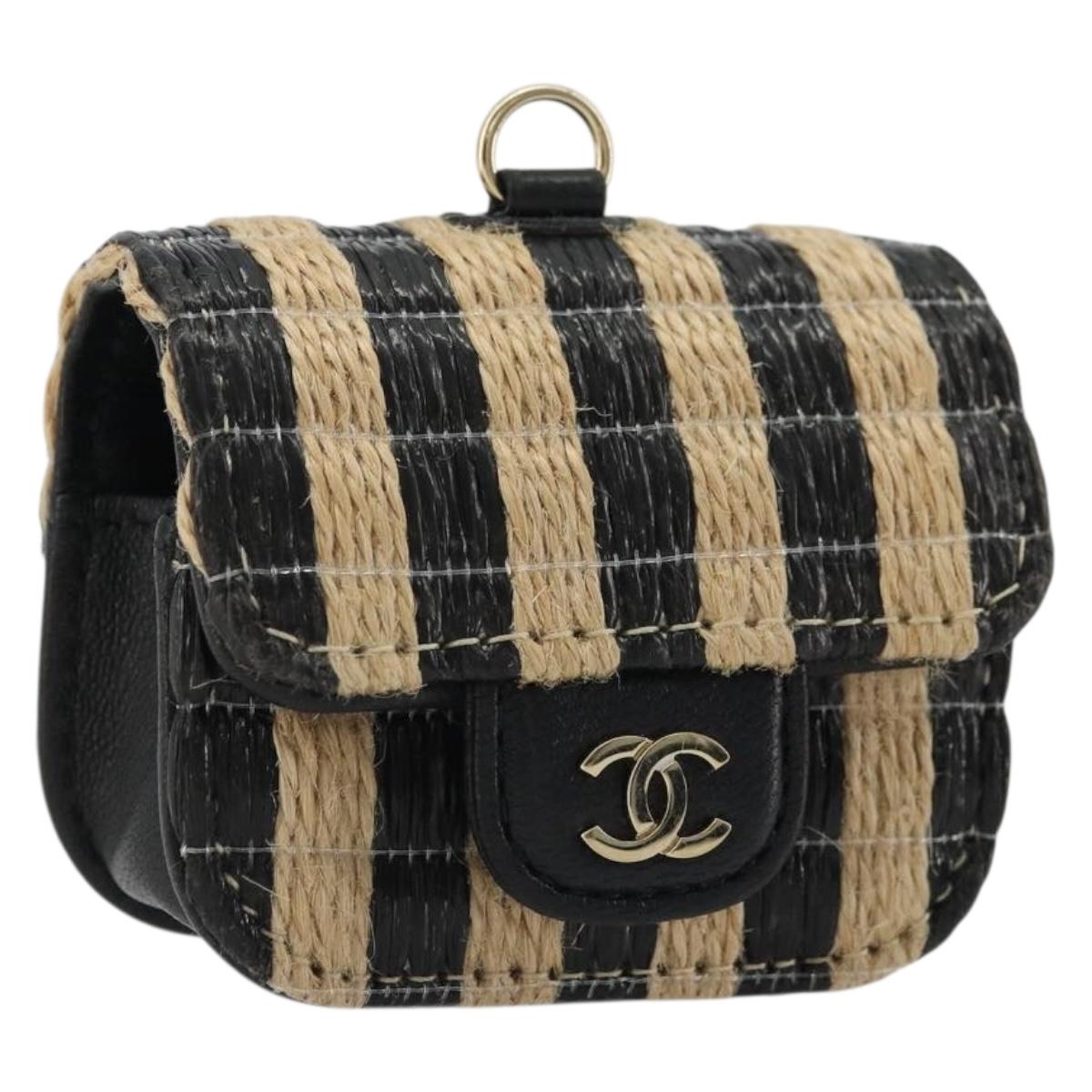 CHANEL COCO Mark Air Pods Case Earphone Case Raffia Black Gold CC Auth YKZ1386A