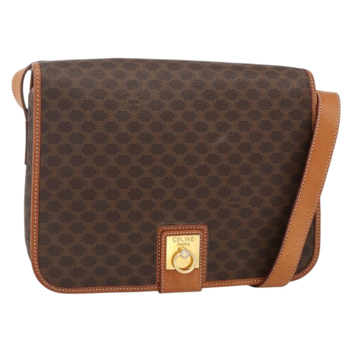 CELINE Macadam Canvas Shoulder Bag PVC Leather Brown Gold Auth YKZ1460A