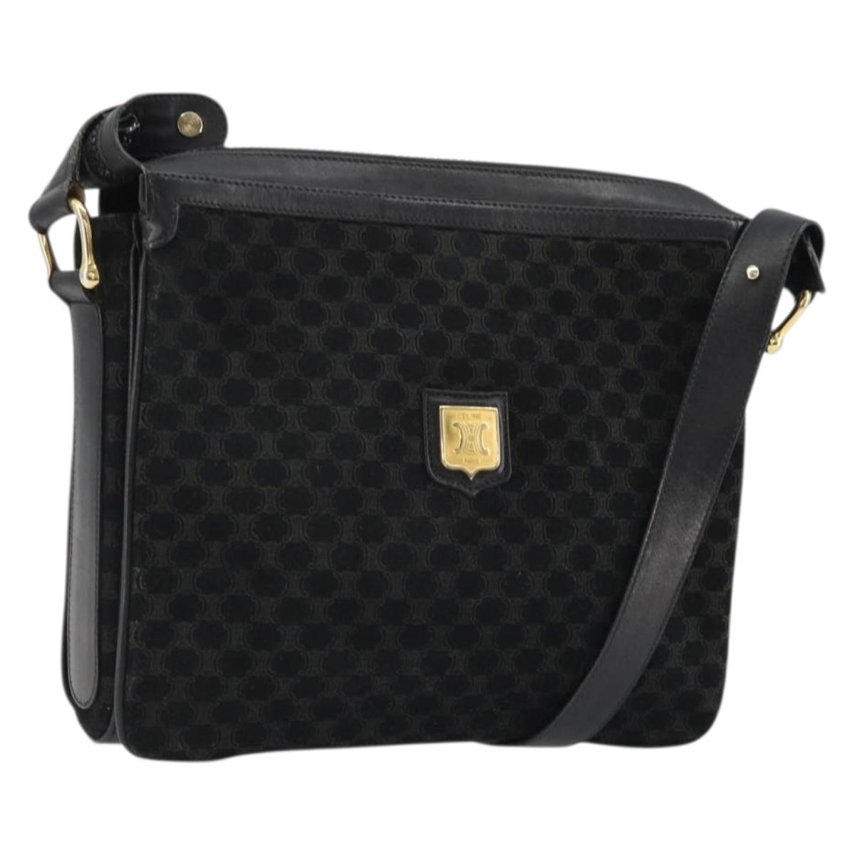 CELINE Macadam Canvas Shoulder Bag Suede Black Gold Auth YKZ1464