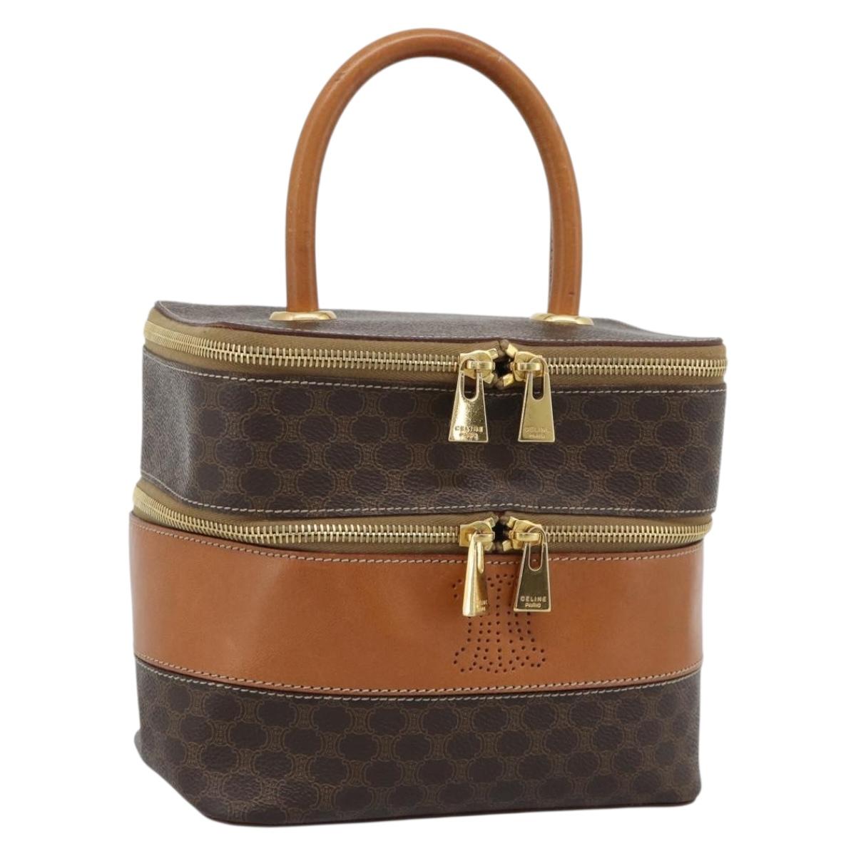 CELINE Macadam Canvas Vanity Hand Bag PVC Leather Brown Gold Auth YKZ1479A