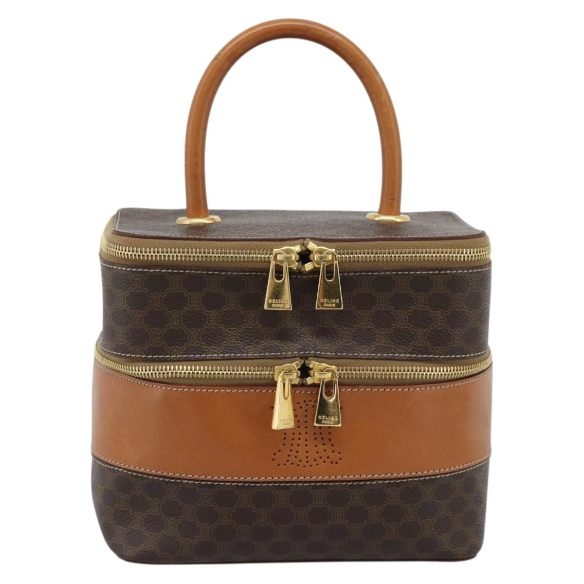 CELINE Macadam Canvas Vanity Hand Bag PVC Leather Brown Gold Auth YKZ1479A