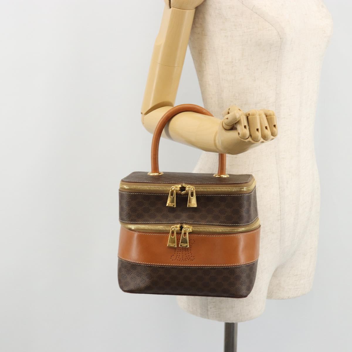 CELINE Macadam Canvas Vanity Hand Bag PVC Leather Brown Gold Auth YKZ1479A