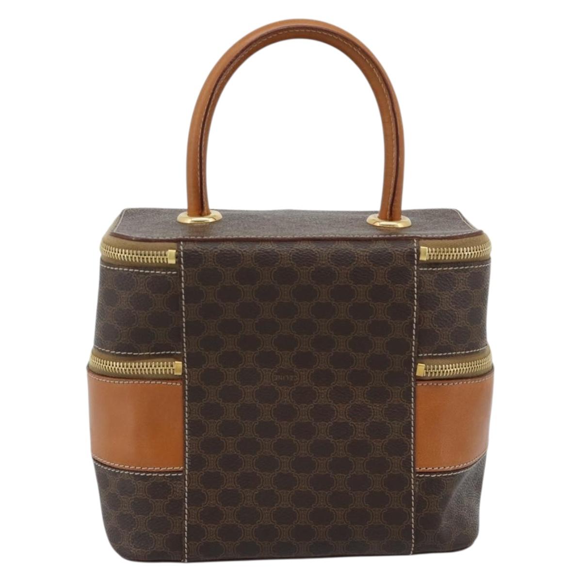 CELINE Macadam Canvas Vanity Hand Bag PVC Leather Brown Gold Auth YKZ1479A