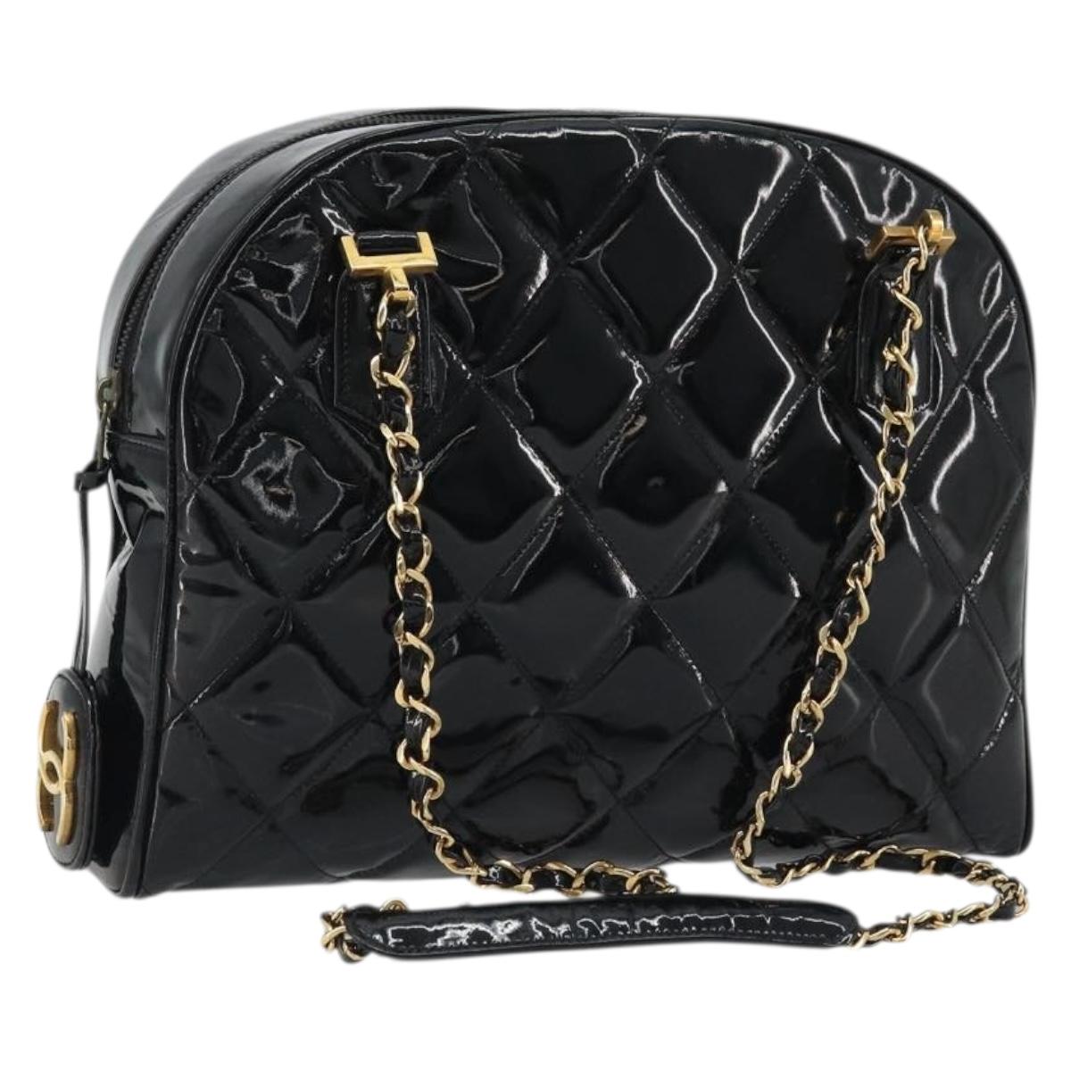 CHANEL Matelasse Chain Shoulder Bag Patent Leather Black Gold CC Auth YKZ1501