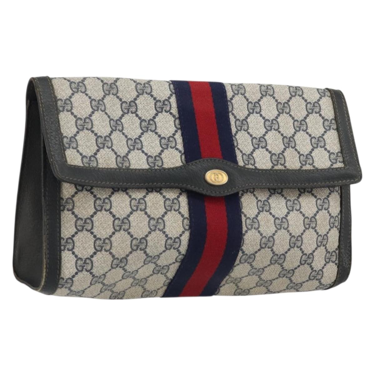 GUCCI GG Supreme Sherry Line Clutch Bag PVC Navy Gold 41 014 3087 Auth YKZ1523