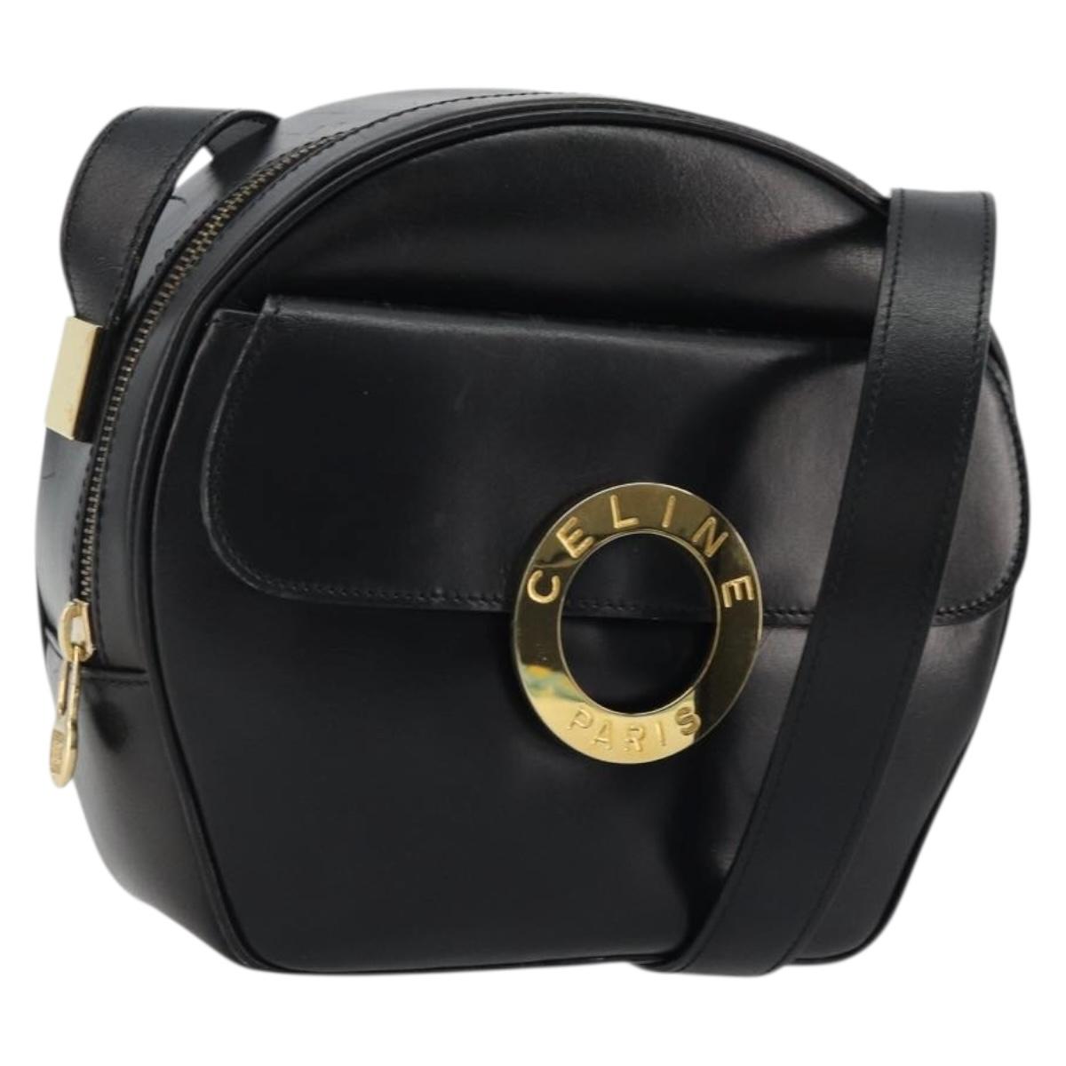 CELINE Circle Shoulder Bag Leather Black Gold Auth YKZ1524A