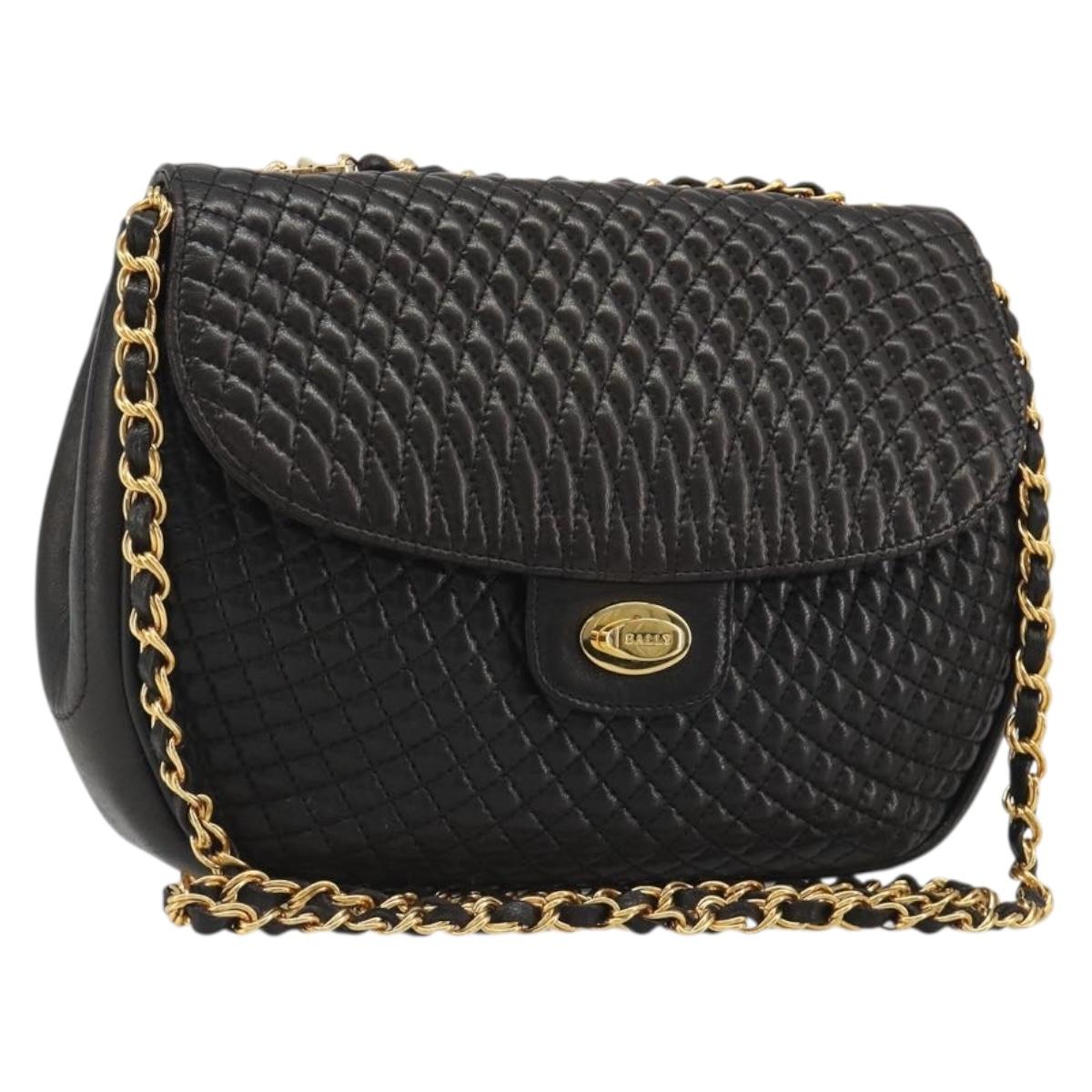 BALLY Chain Shoulder Bag Leather Black Gold Auth YKZ154A