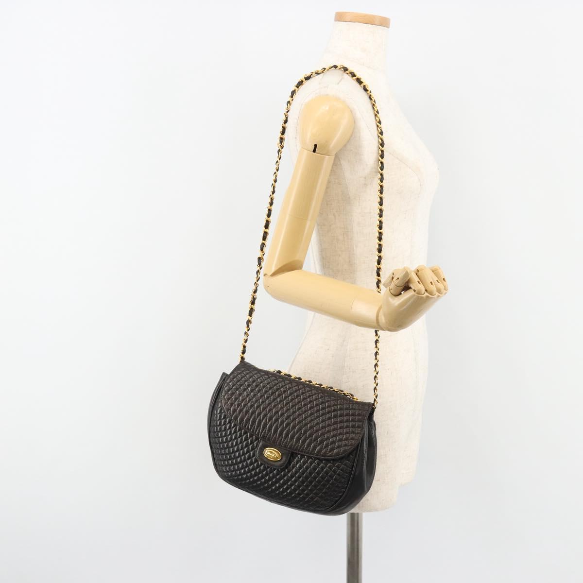 BALLY Chain Shoulder Bag Leather Black Gold Auth YKZ154A
