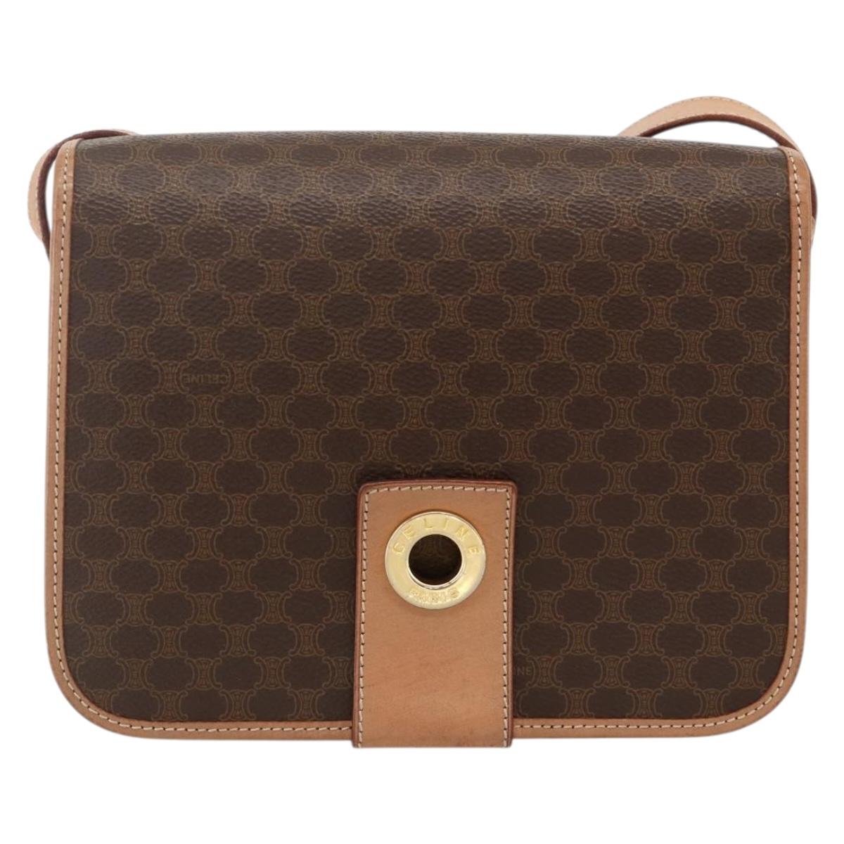 CELINE Macadam Canvas Circle Shoulder Bag PVC Leather Brown Gold Auth YKZ1561A