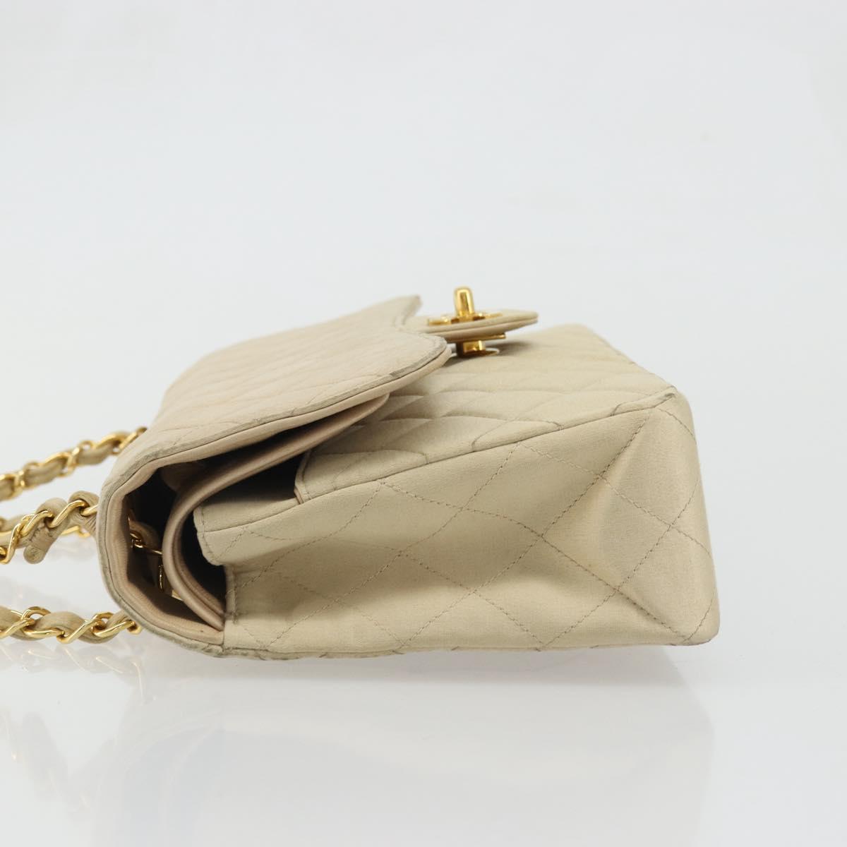 CHANEL Double Flap Double Chain Matelasse 25 Bag Satin Beige CC Auth YKZ1601SAV