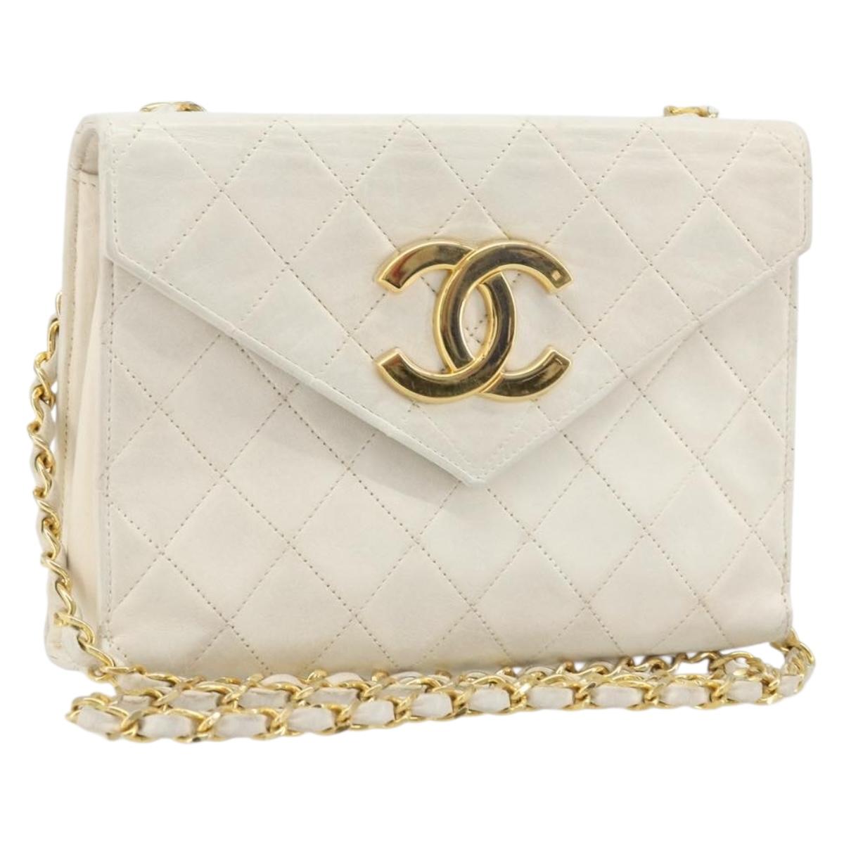 CHANEL Matelasse Chain Shoulder Bag Lamb Skin White Gold CC Auth YKZ1616