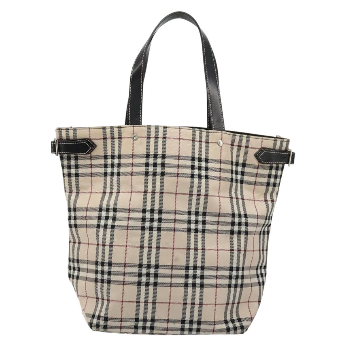 BURBERRY Nova Check Blue Label Tote Bag Nylon Beige Silver Auth YKZ1620
