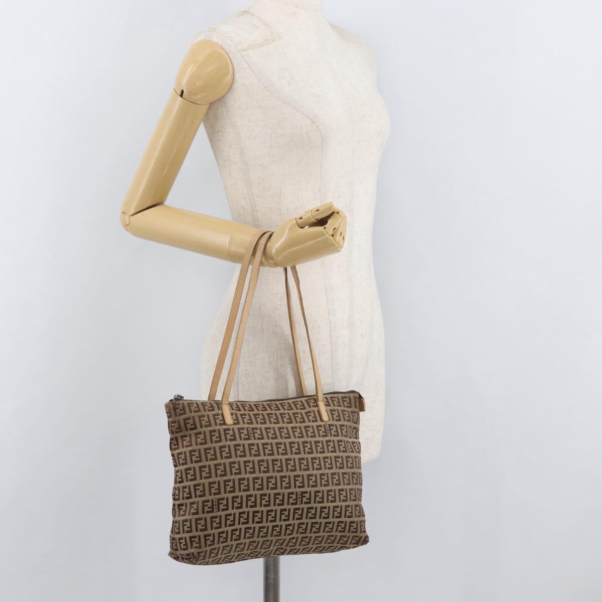 FENDI Zucchino Canvas Hand Bag Beige Silver Auth YKZ207