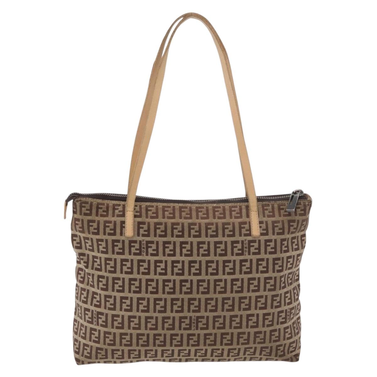 FENDI Zucchino Canvas Hand Bag Beige Silver Auth YKZ207