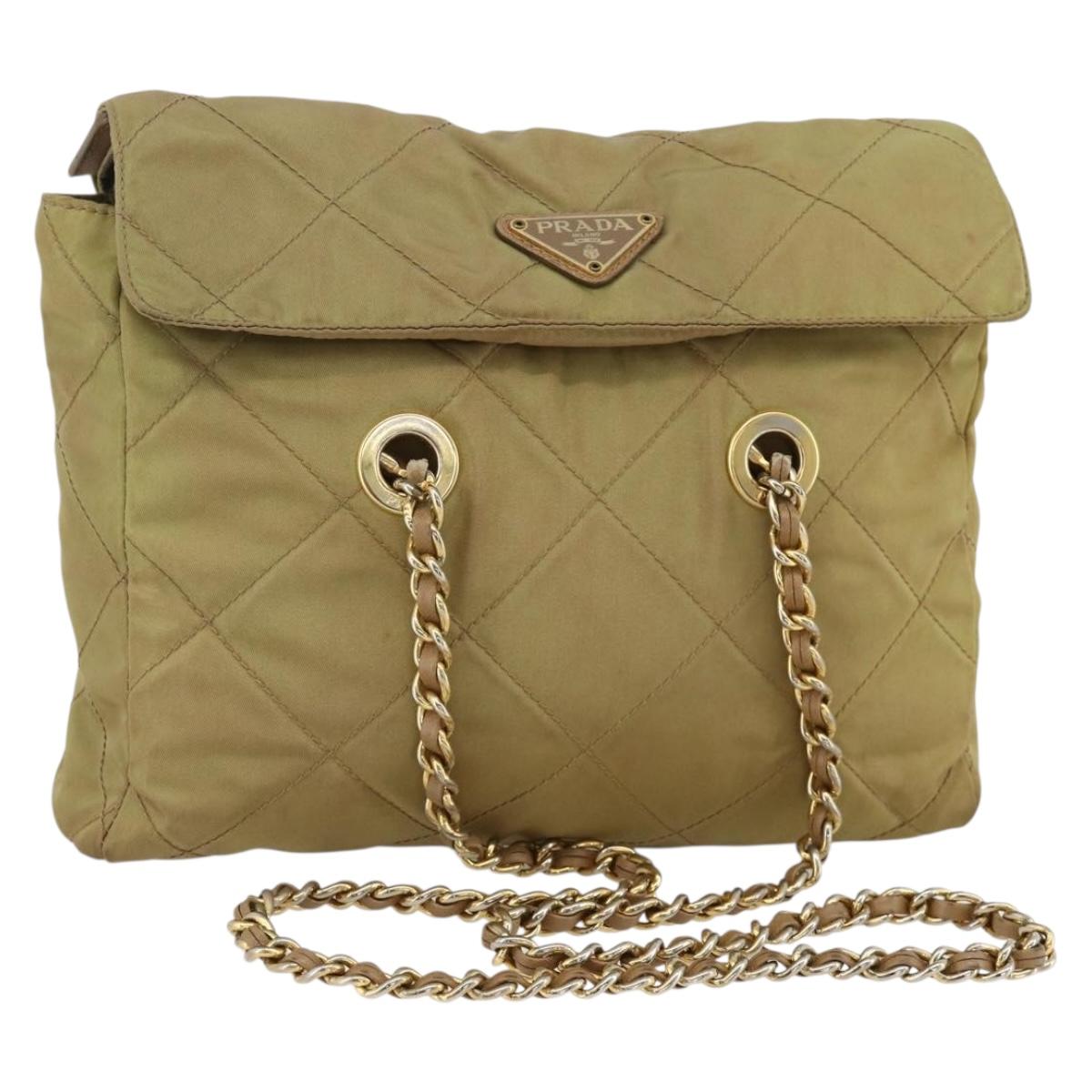 PRADA Chain Shoulder Bag Nylon Green Gold Auth YKZ308