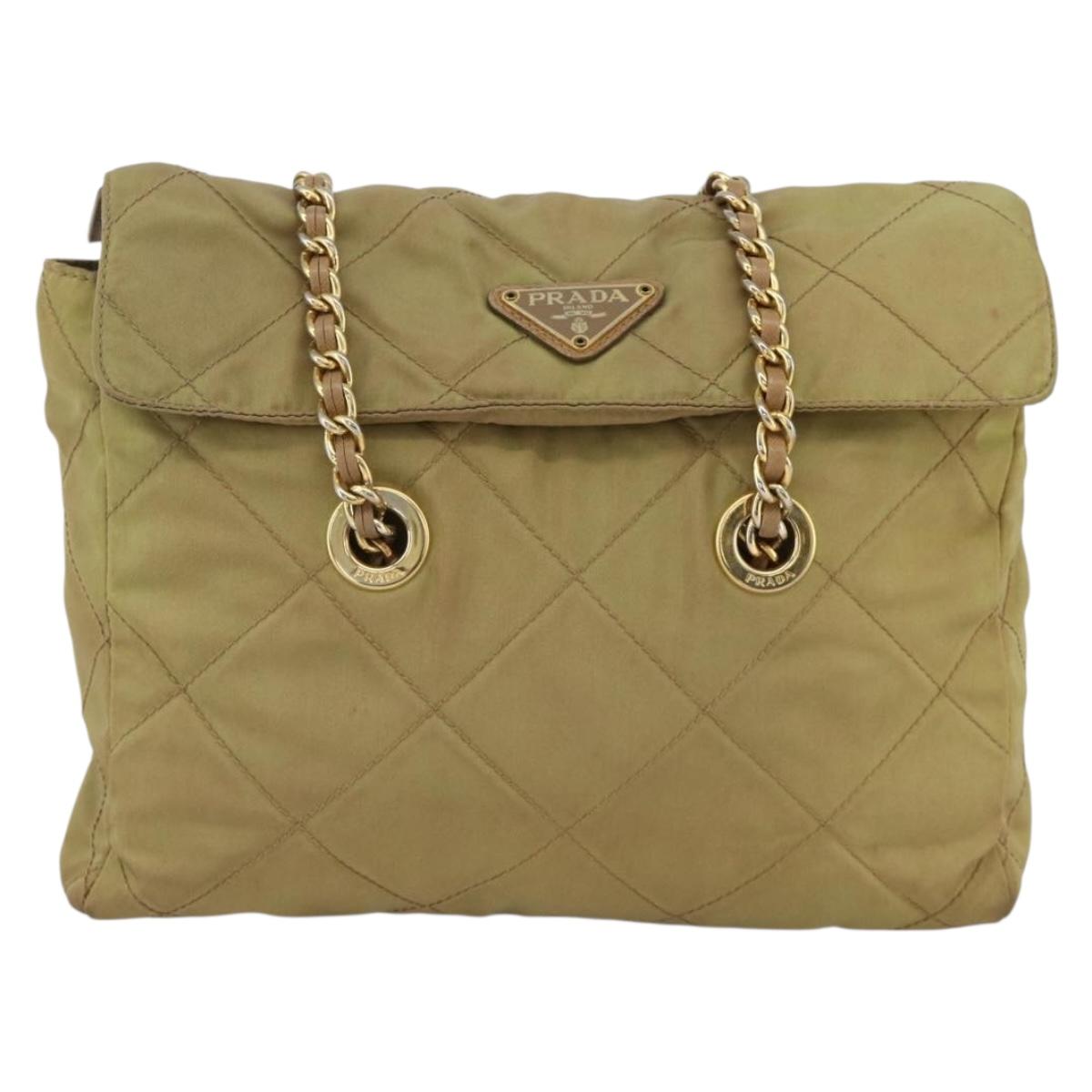 PRADA Chain Shoulder Bag Nylon Green Gold Auth YKZ308