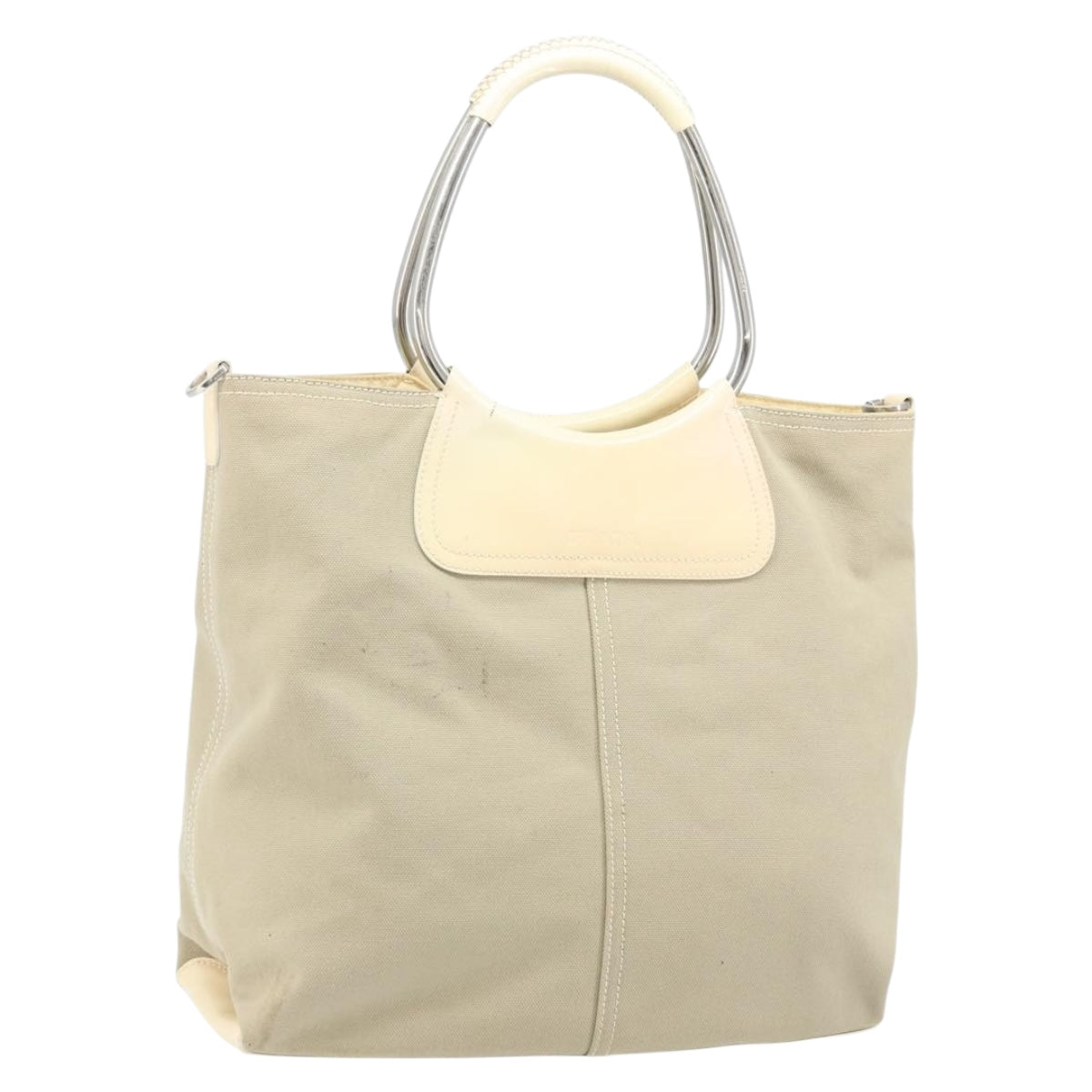 PRADA Hand Bag Canvas Beige Silver Auth YKZ359