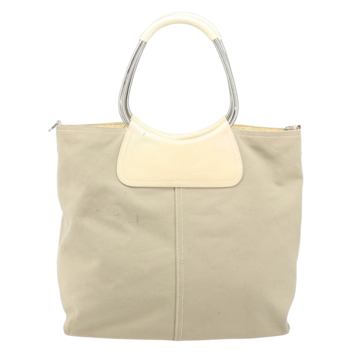 PRADA Hand Bag Canvas Beige Silver Auth YKZ359