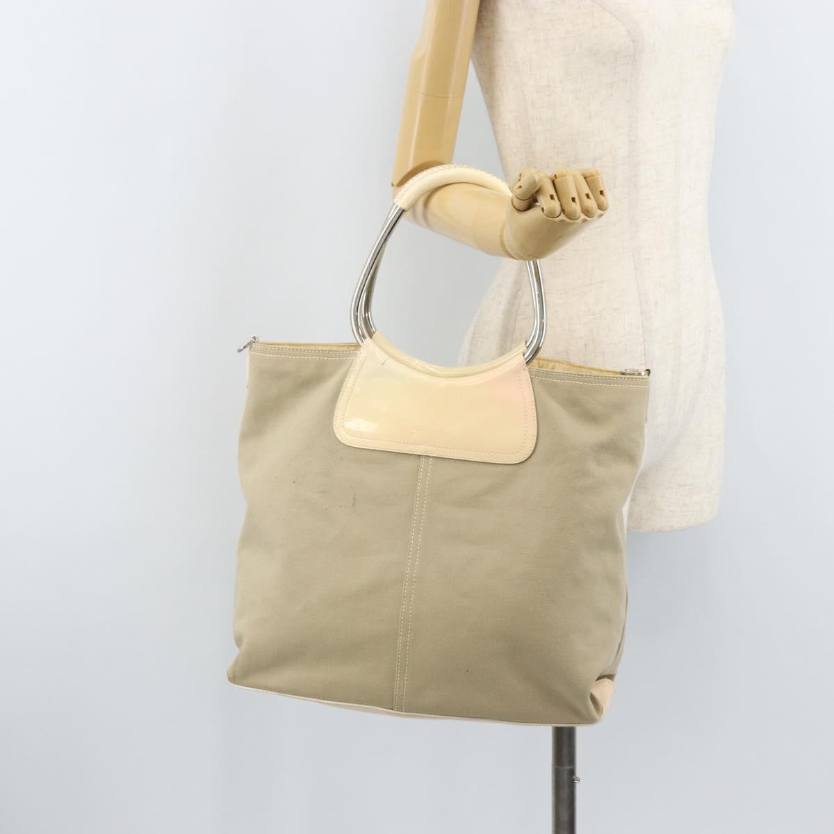 PRADA Hand Bag Canvas Beige Silver Auth YKZ359