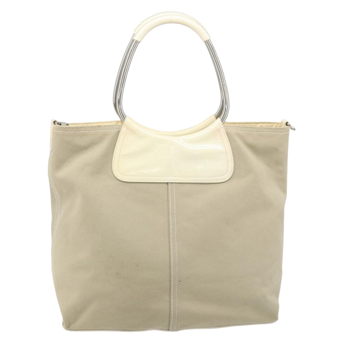 PRADA Hand Bag Canvas Beige Silver Auth YKZ359