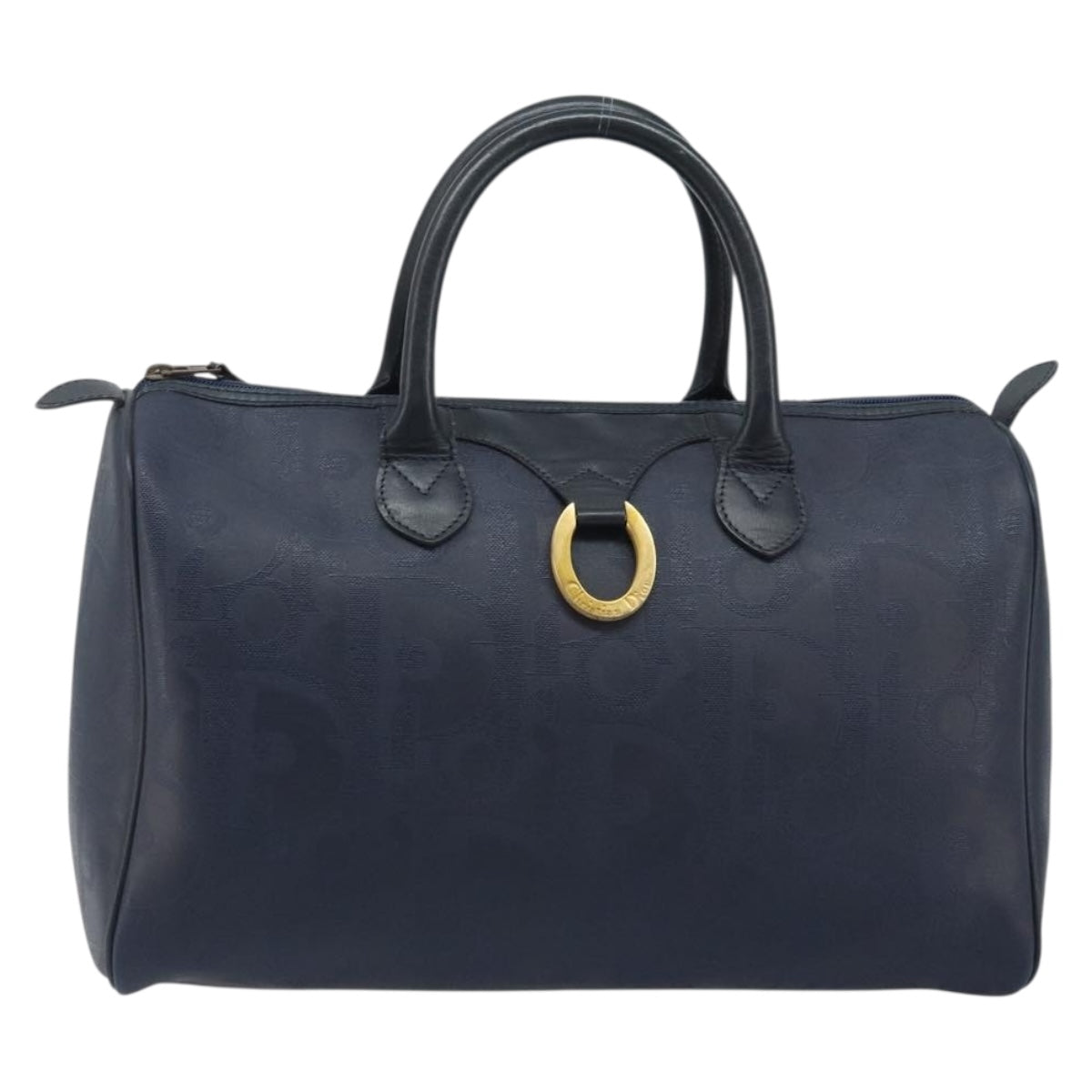 Christian Dior Trotter Canvas Boston Bag PVC Navy Gold Auth YKZ360A