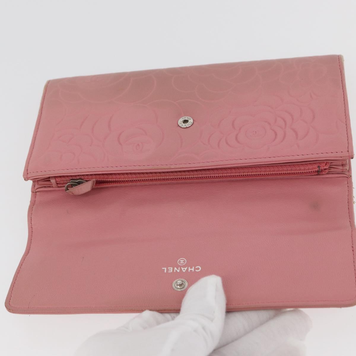 CHANEL Camelia Long Wallet Lamb Skin Pink CC Auth YKZ410