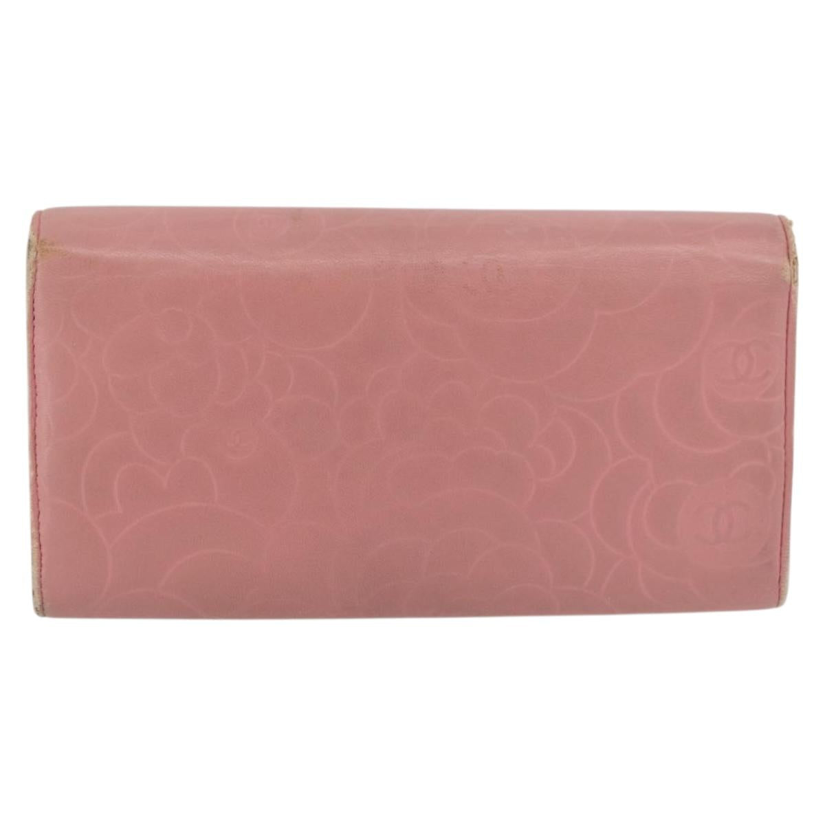 CHANEL Camelia Long Wallet Lamb Skin Pink CC Auth YKZ410