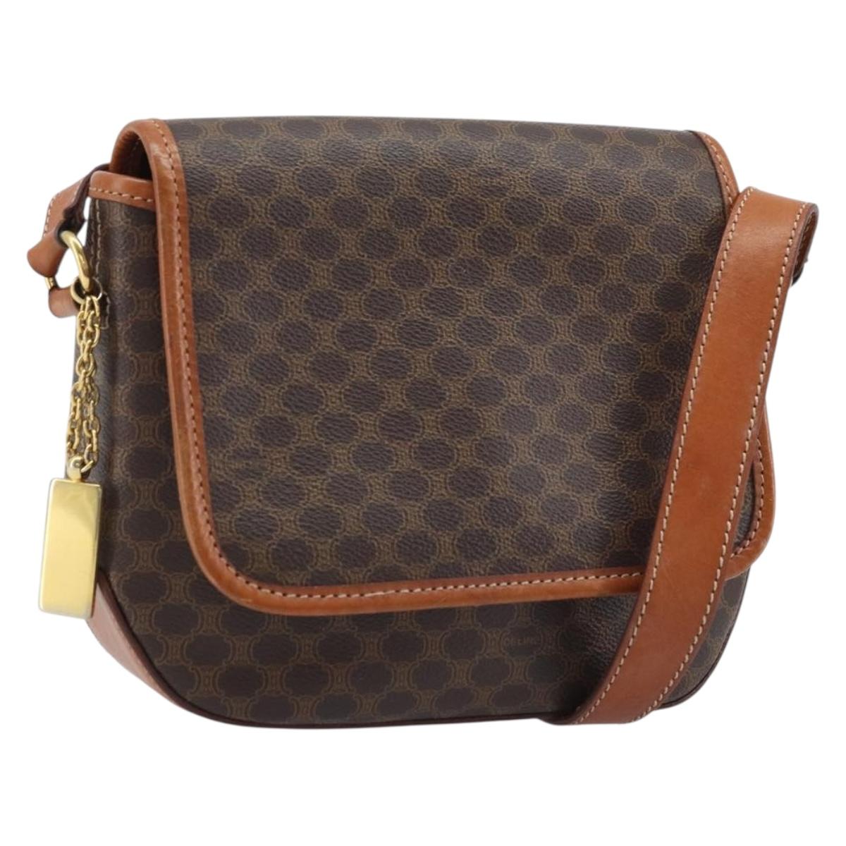 CELINE Macadam Canvas Shoulder Bag PVC Leather Brown Gold Auth YKZ455A