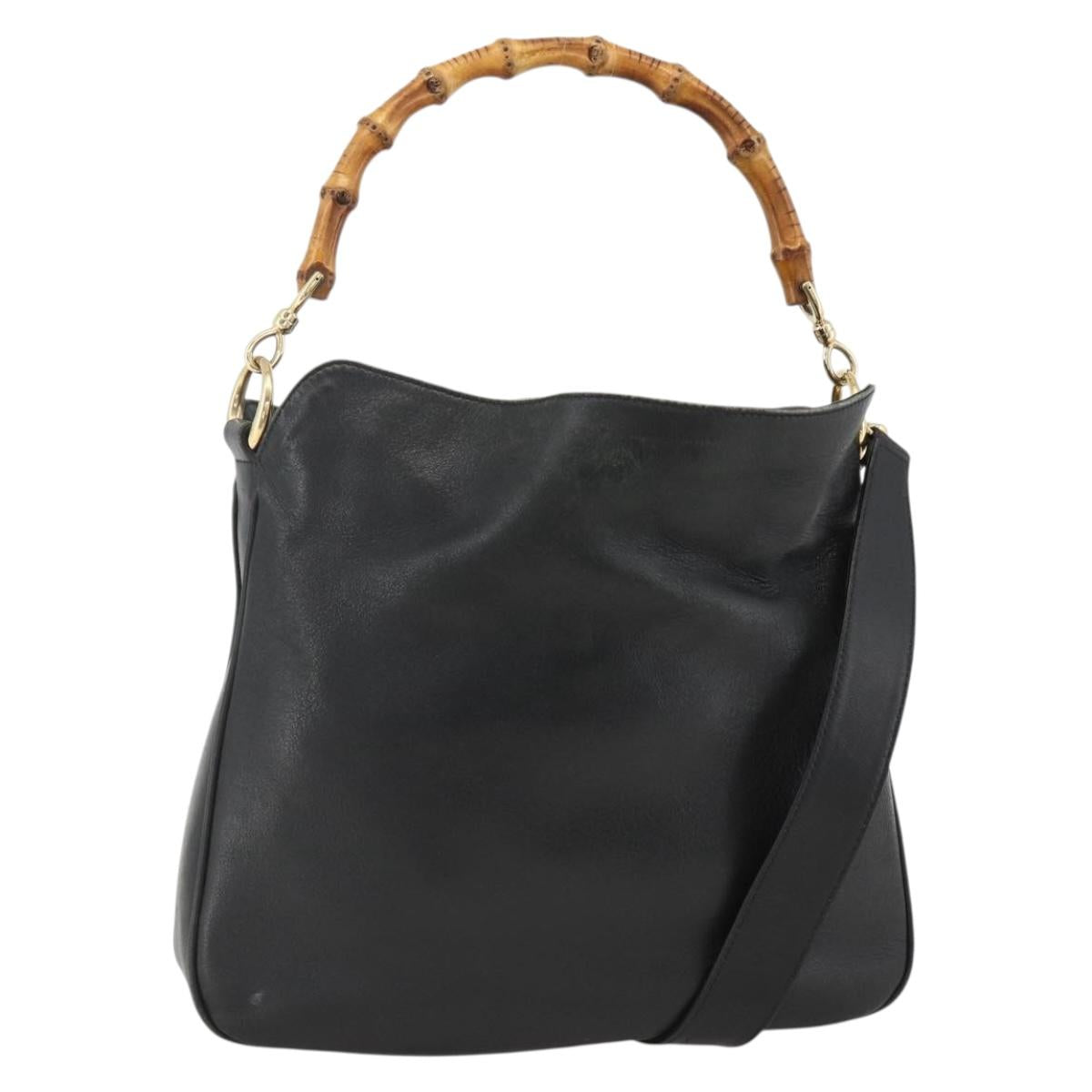 GUCCI Bamboo Shoulder Bag Leather 2way Black Gold 001 1705 1638 Auth YKZ462