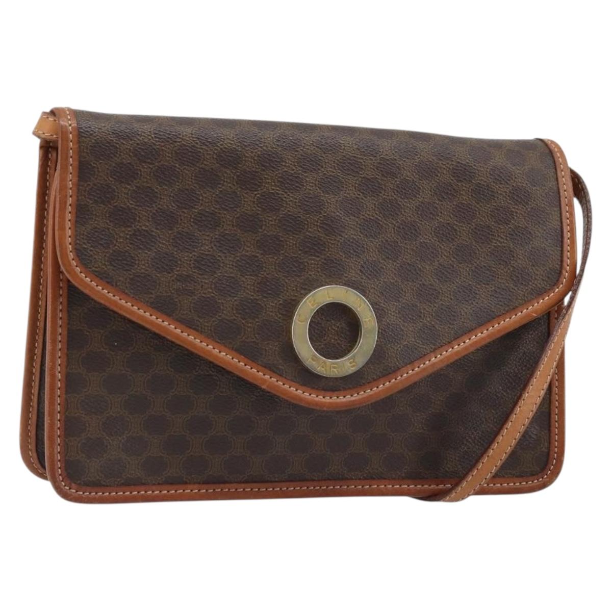 CELINE Macadam Canvas Circle Shoulder Bag PVC Leather Brown Gold Auth YKZ472