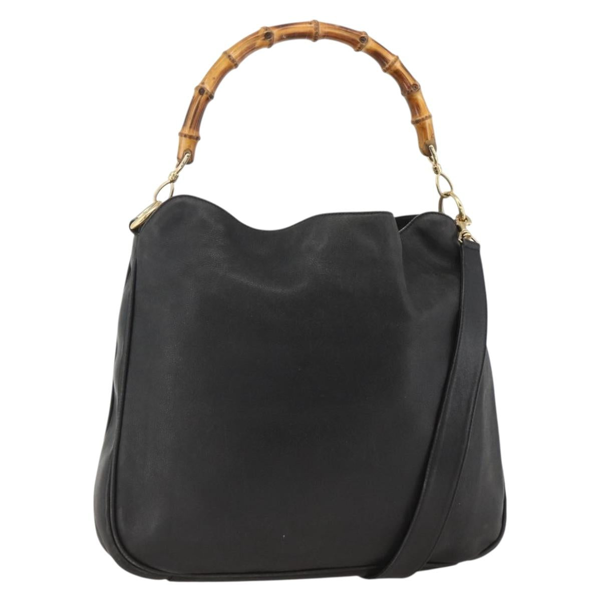 GUCCI Bamboo Shoulder Bag Leather 2way Black Gold 001 1577 Auth YKZ474