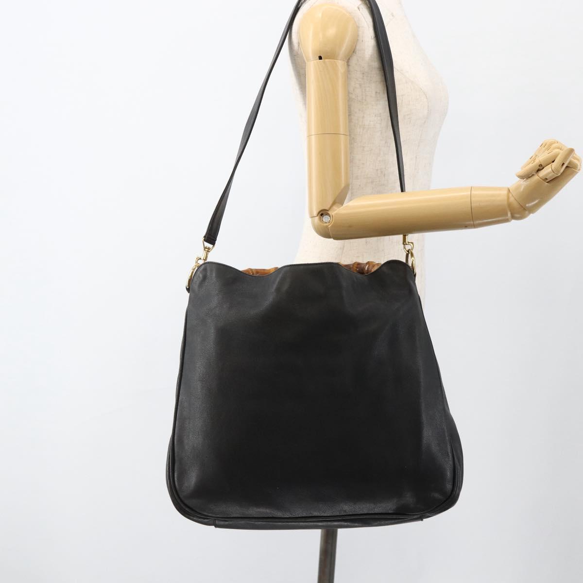 GUCCI Bamboo Shoulder Bag Leather 2way Black Gold 001 1577 Auth YKZ474