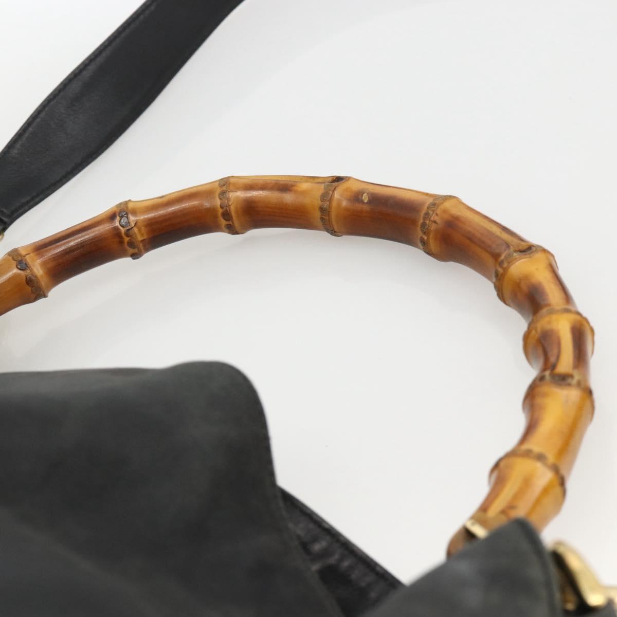 GUCCI Bamboo Shoulder Bag Leather 2way Black Gold 001 1577 Auth YKZ474