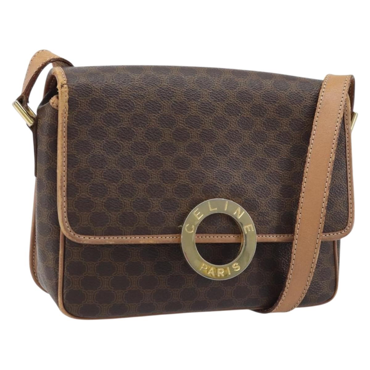 CELINE Macadam Canvas Circle Shoulder Bag PVC Leather Brown Gold Auth YKZ528