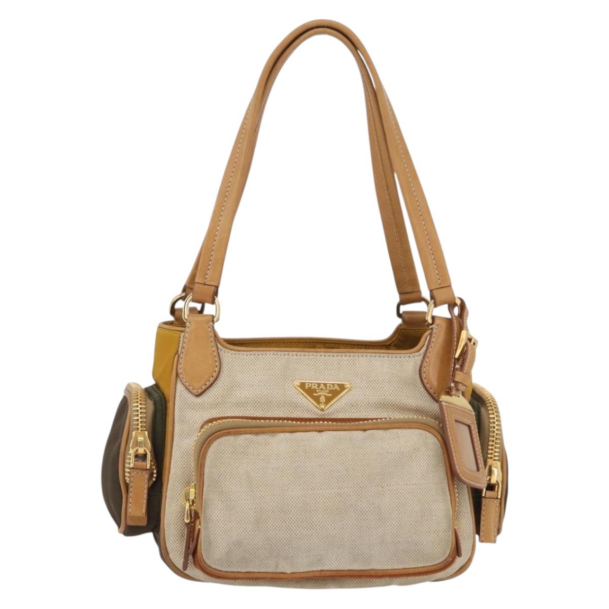 PRADA Hand Bag Canvas Gold Beige Auth YKZ552A