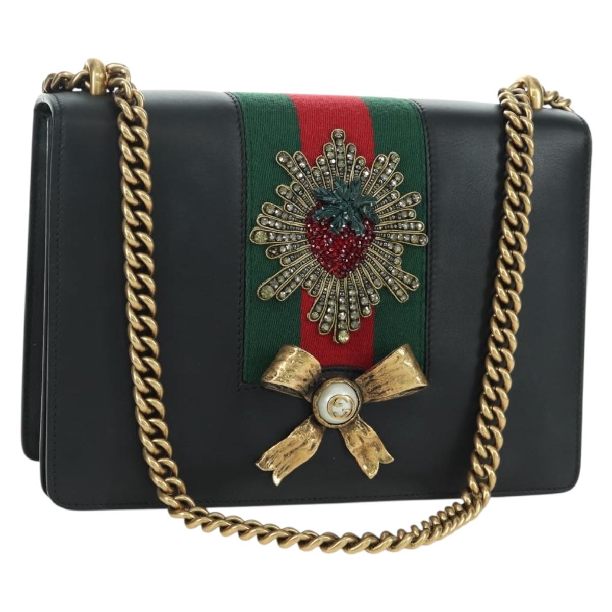 GUCCI Chain Web Sherry Line Shoulder Bag Leather Black Gold 432280 Auth YKZ566M