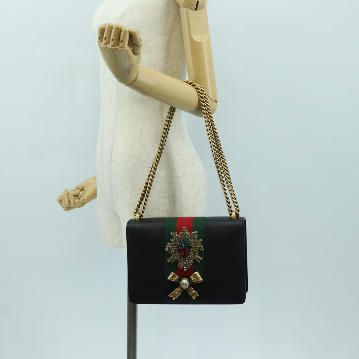GUCCI Chain Web Sherry Line Shoulder Bag Leather Black Gold 432280 Auth YKZ566M