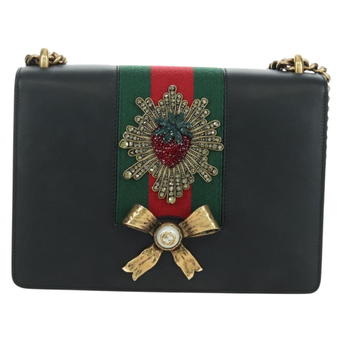 GUCCI Chain Web Sherry Line Shoulder Bag Leather Black Gold 432280 Auth YKZ566M