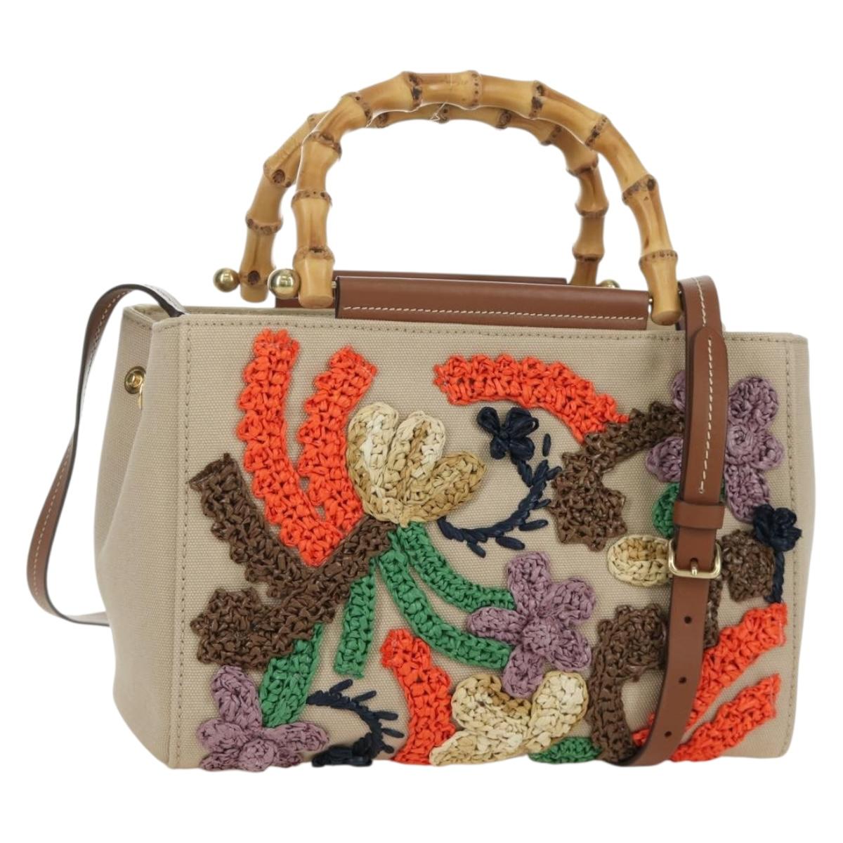 Miu Miu Bamboo Hand Bag Canvas 2way Beige Gold Auth YKZ585SAM