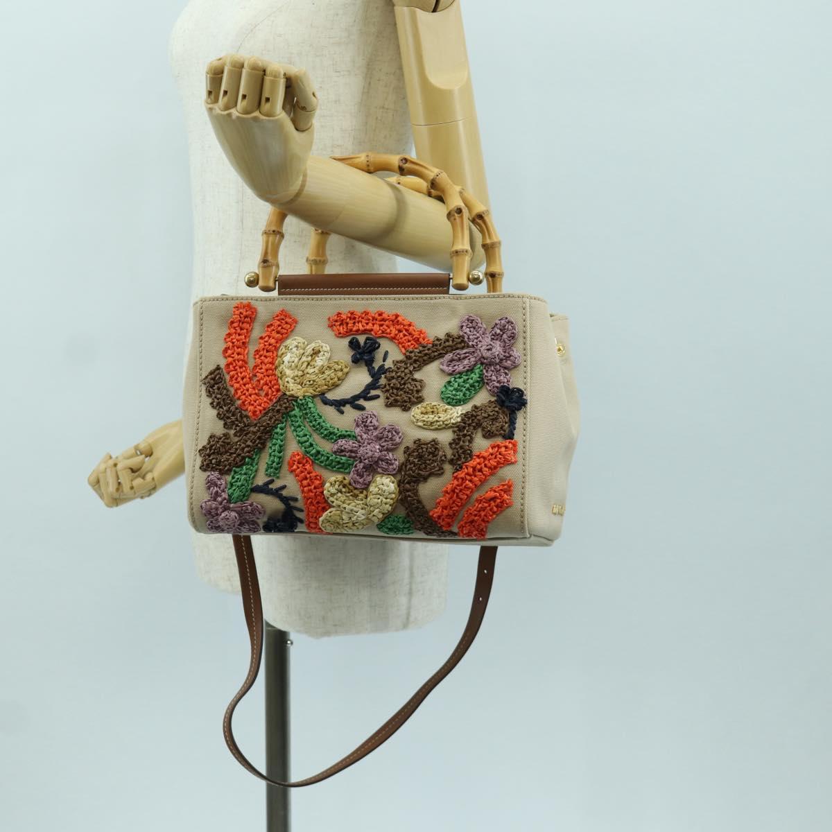 Miu Miu Bamboo Hand Bag Canvas 2way Beige Gold Auth YKZ585SAM